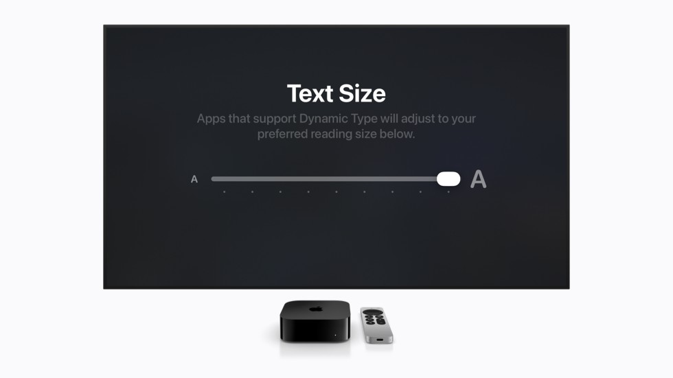 A interface da Apple TV mostra um controle para aumentar o tamanho do texto.
