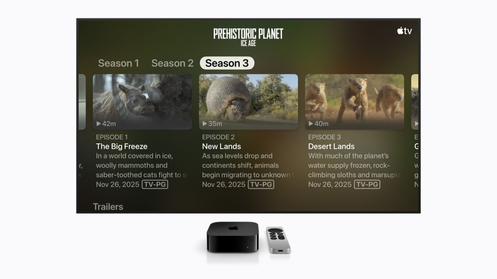 A interface da Apple TV mostra um menu da série “Planeta Pré-histórico: Era do Gelo” com um tamanho de texto maior.