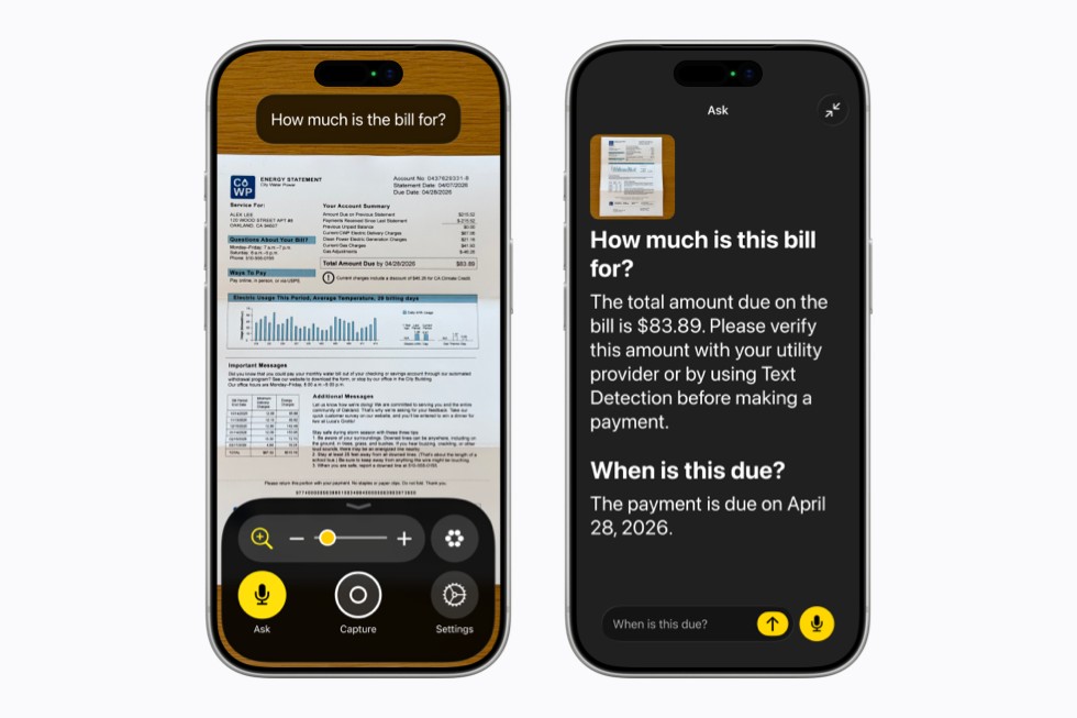 Uma tela de iPhone à esquerda mostra o app Lupa capturando uma conta de energia enquanto o usuário pergunta “Qual é o valor da conta?”, enquanto uma tela de iPhone à direita apresenta uma resposta detalhada sobre o valor total a pagar e a data de vencimento.