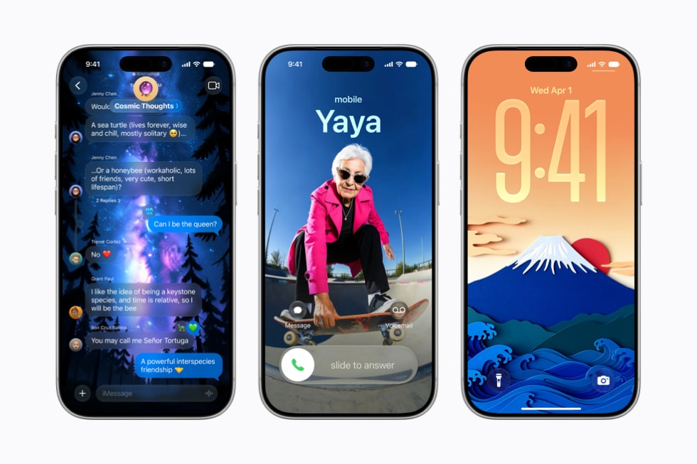 Telas de três aparelhos iPhone 17 Pro mostram o uso do Image Playground: uma no app Mensagens, uma como Pôster de Contato e uma como papel de parede da Tela Bloqueada.