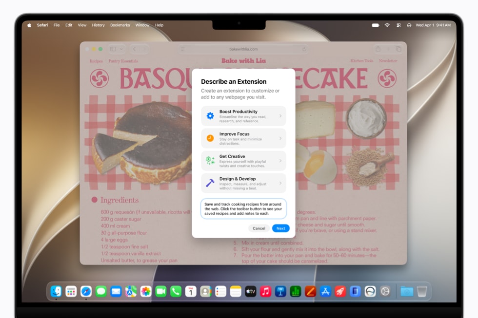 Tela de um MacBook Pro de 14 polegadas mostra uma caixa de diálogo do Safari para o recurso Criar Extensão em um site de receitas.