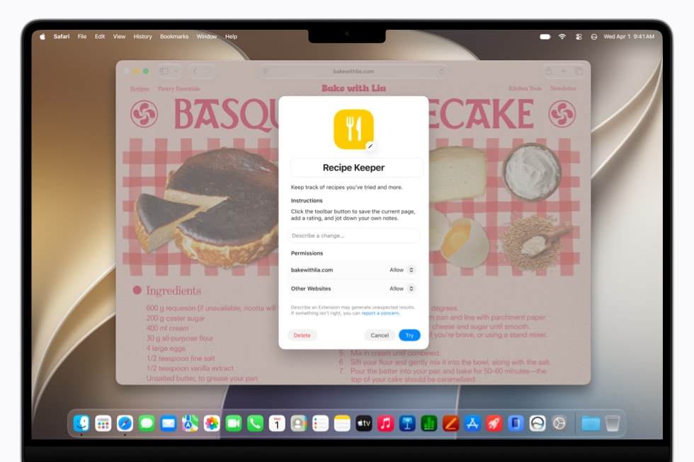 Tela de um MacBook Pro de 14 polegadas mostra uma caixa de diálogo do Safari para o Recipe Keeper em um site de receitas.