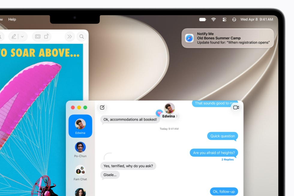 Uma notificação do recurso Me Avisar do Safari aparece na Mesa exibida em um MacBook Pro de 14 polegadas.