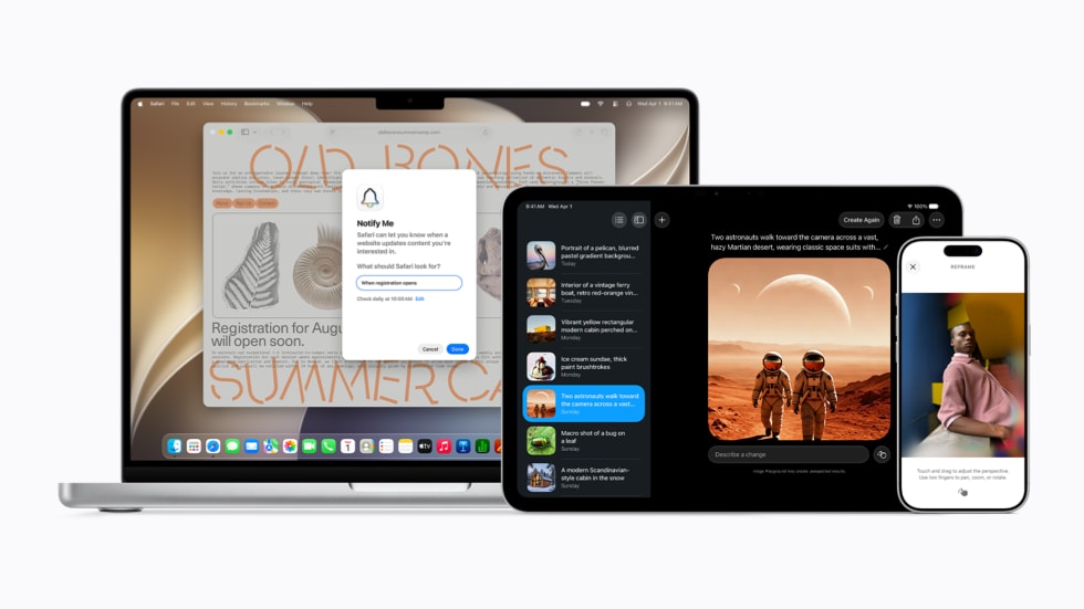 Headset Apple Vision Pro, MacBook Pro de 14 polegadas, iPad Pro de 11 polegadas e iPhone 17 Pro exibem várias interfaces da Apple Intelligence.