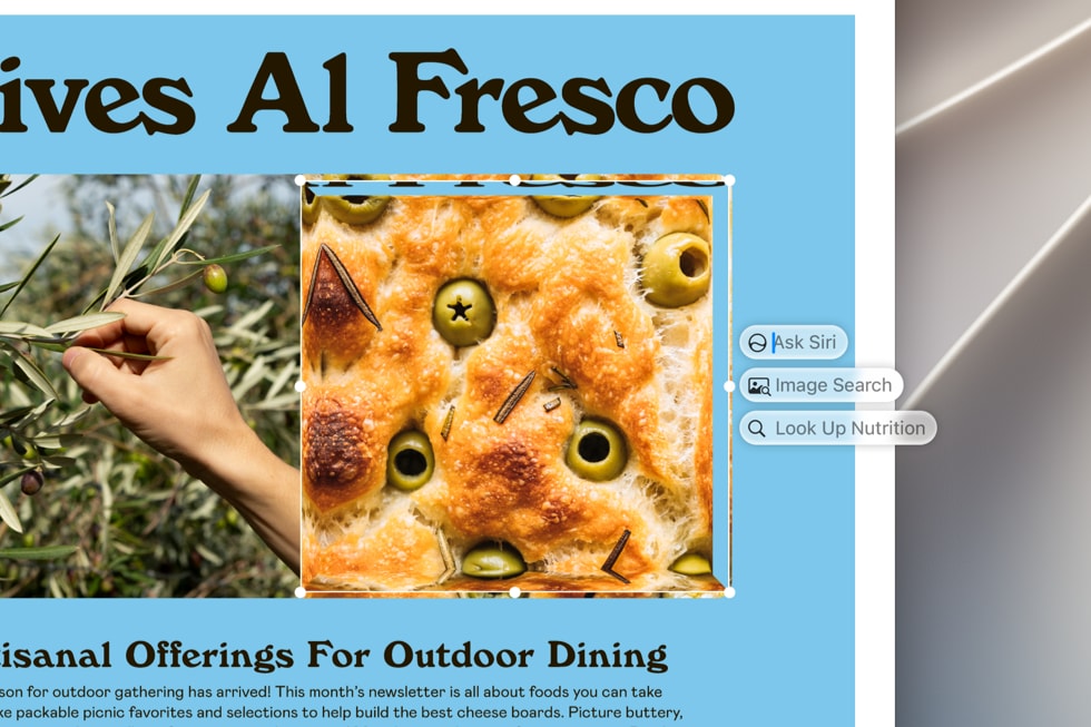 Tela de um MacBook mostrando a Siri gerando texto para um documento chamado “Azeitonas Al Fresco”.