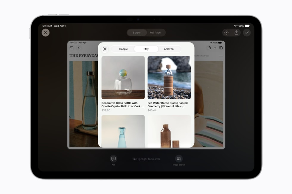 Tela de um iPad mostrando a capacidade multitarefa da Siri com vários apps abertos, incluindo Fotos e Safari.