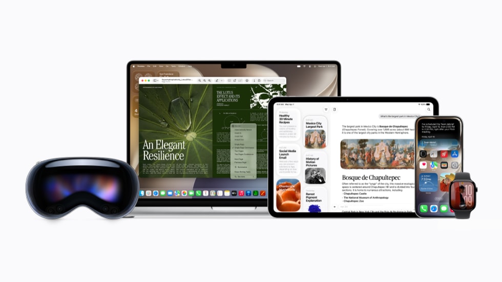Um conjunto de produtos Apple, incluindo Apple Vision Pro, MacBook, iPad, iPhone 17 Pro e Apple Watch, todos exibindo várias interfaces.