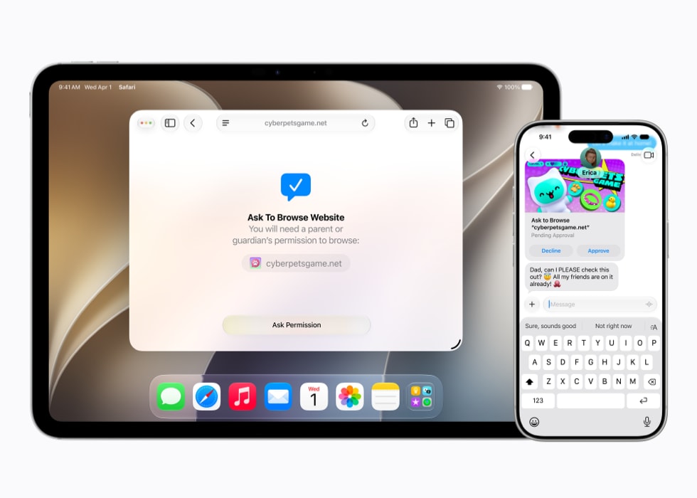 Um iPad Pro de 11 polegadas mostra um solicitação do recurso Pedir para Navegar, enquanto um iPhone 17 Pro mostra o pedido de aprovação no app Mensagens.