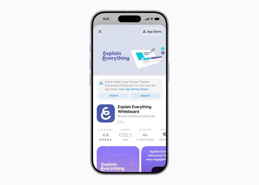 A tela do iPhone 17 Pro mostra uma solicitação do recurso Pedir para Comprar para o app Explain Everything Whiteboard na App Store.