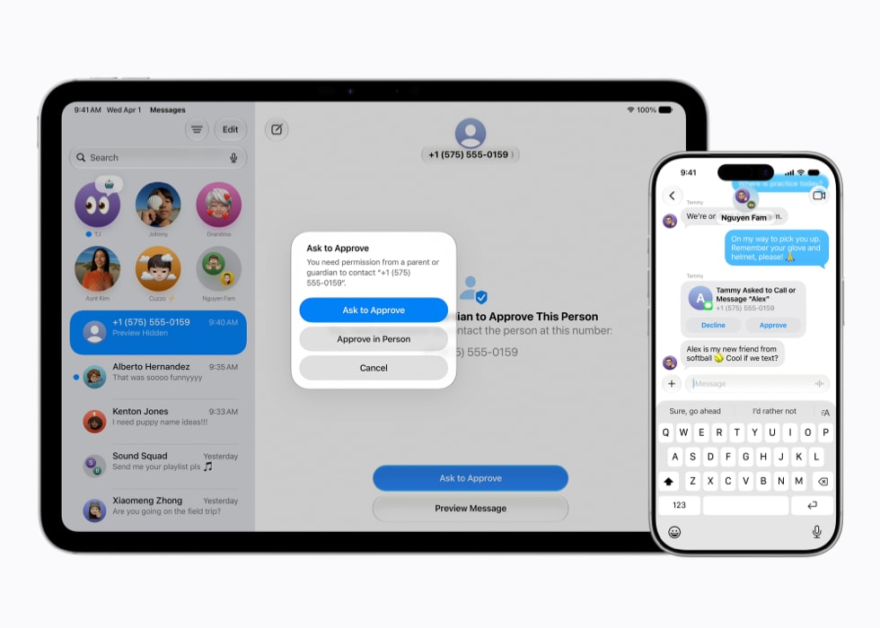 Um iPad Pro de 11 polegadas mostra pedido de aprovação no app Mensagens. Ao lado, um iPhone 17 Pro mostra a solicitação correspondente, também no app Mensagens.
