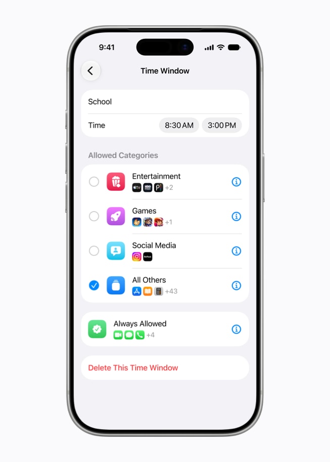 A tela do iPhone 17 Pro mostra opções para configurar um intervalo de tempo.