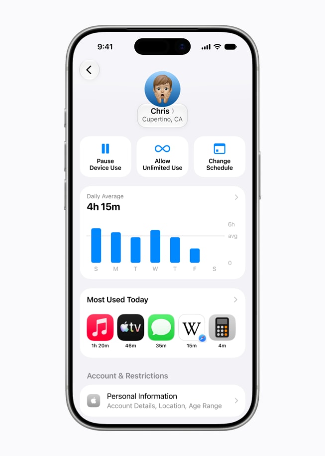 A tela do iPhone 17 Pro mostra a experiência Tempo de Uso reformulada exibindo o uso médio diário, os apps mais acessados e controles para pausar o aparelho.