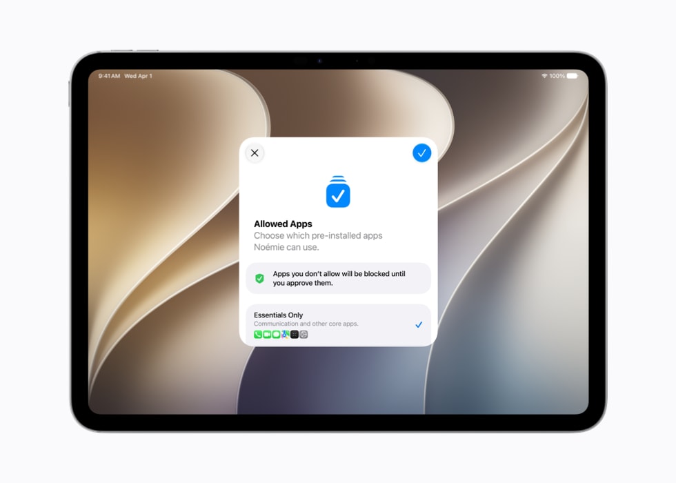 A tela do iPad Pro de 11 polegadas mostra os apps permitidos no Assistente de Configuração, com opções para apps essenciais e um conjunto inicial recomendado.