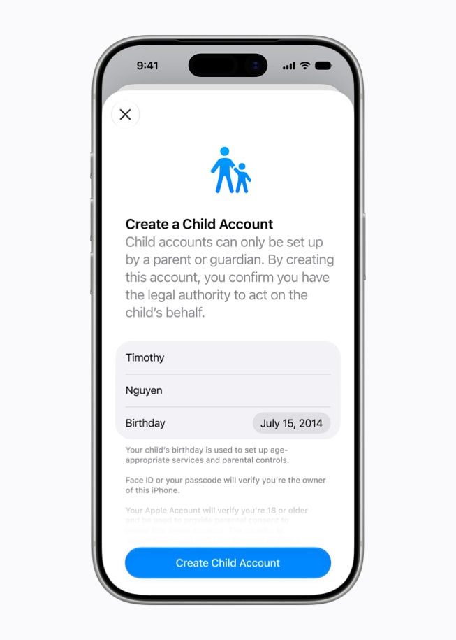 A tela do iPhone 17 Pro mostra a interface Criar uma Conta para uma Criança, com campos para nome e data de nascimento.