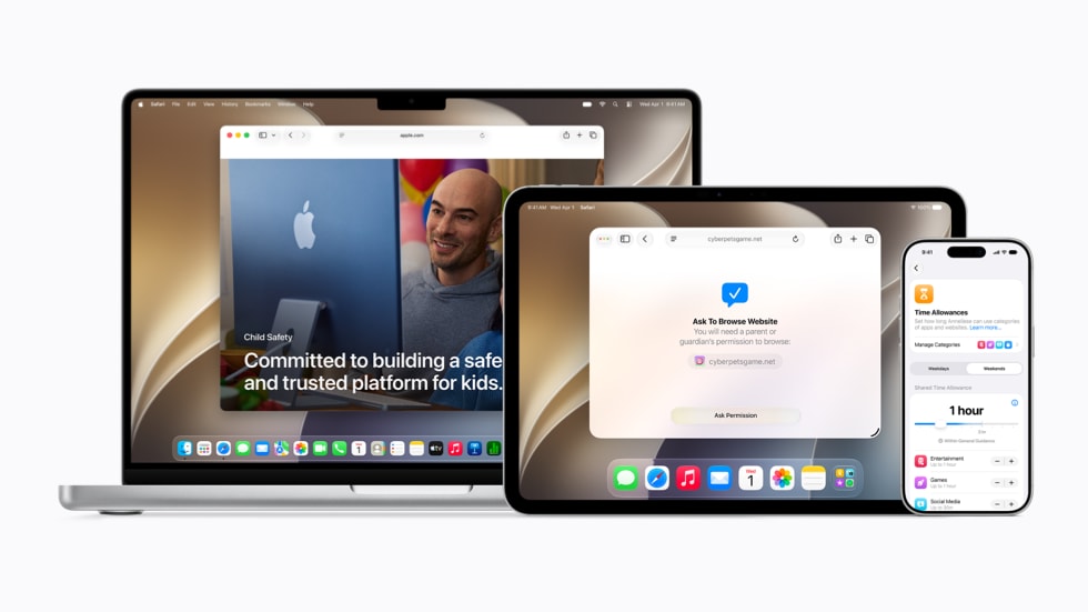 Um MacBook Pro de 14 polegadas, um iPad Pro de 11 polegadas e um iPhone 17 Pro estão dispostos lado a lado e mostram várias telas relacionadas aos recursos atualizados de segurança infantil da Apple.