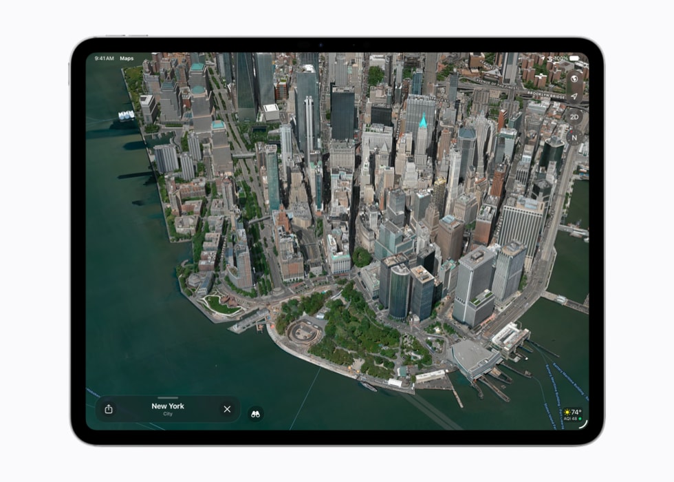 Uma imagem do Mapas da Apple no iPad Pro de 13 polegadas mostra uma vista aérea de prédios.