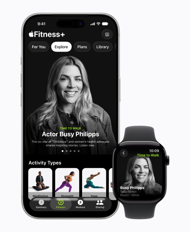 Um iPhone 17 Pro e um Apple Watch mostram a arte do episódio do Hora de Caminhar com Busy Philipps.