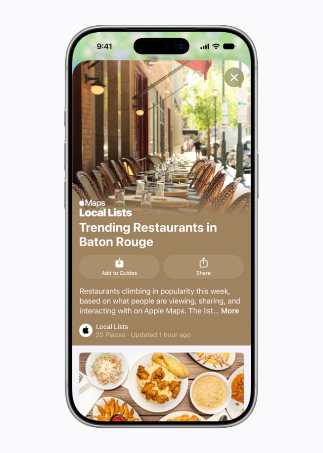 O iPhone 17 Pro mostra uma tela de Listas Locais com os restaurantes mais badalados em Baton Rouge.