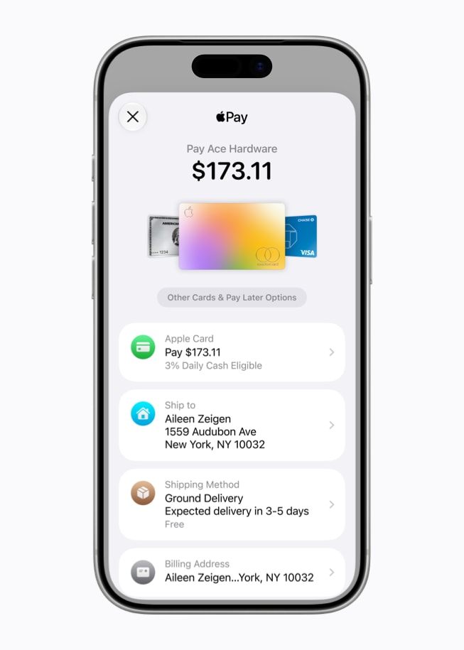 O iPhone 17 Pro mostra a tela do Apple Pay com o total da transação, as informações do Apple Card, os dados de entrega, a forma de envio e o endereço de cobrança.