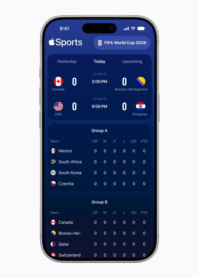O iPhone 17 Pro mostra o app Apple Sports com as partidas da Copa do Mundo FIFA 2026.