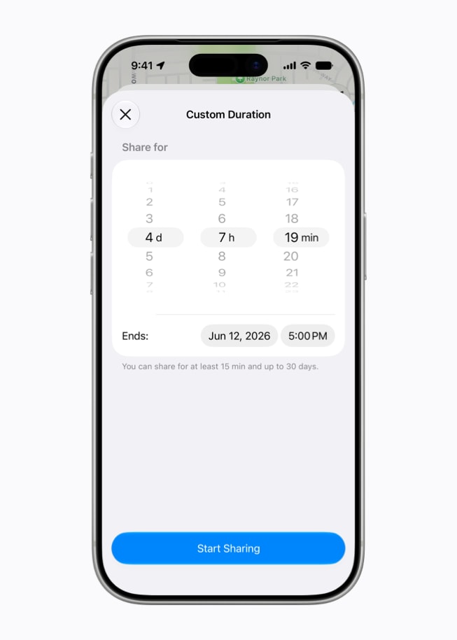 O iPhone 17 Pro mostra uma tela do app Buscar em que uma pessoa está definindo uma duração personalizada de quatro dias, sete horas e 19 minutos.
