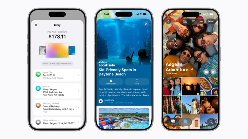 Telas de três aparelhos iPhone 17 Pro com diferentes serviços Apple.