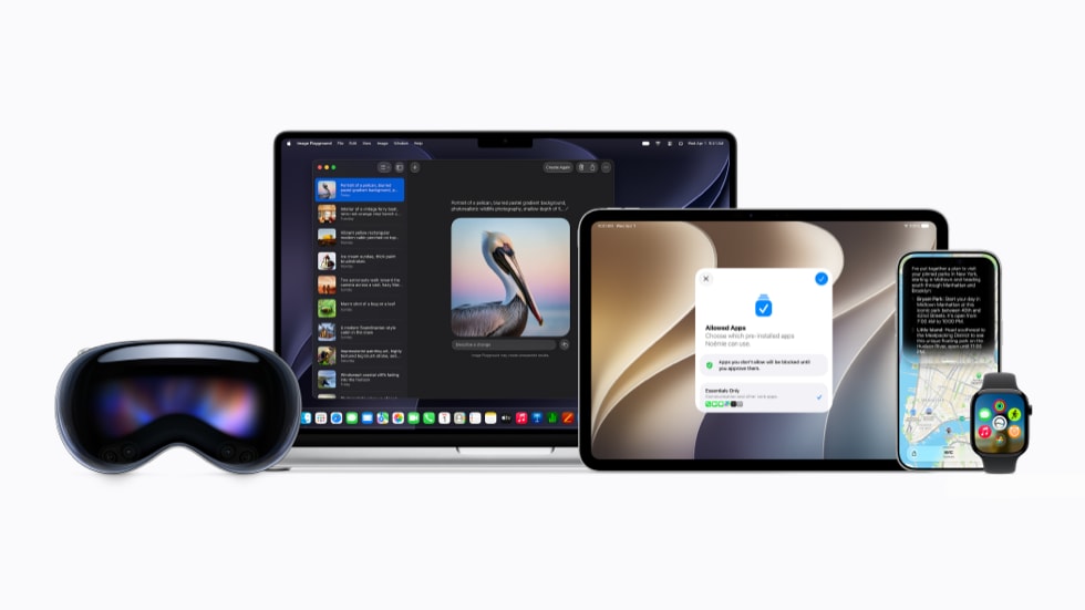 صورة تعرض أجهزة Apple Vision Pro وMacBook وiPad وiPhone وApple Watch وApple TV.