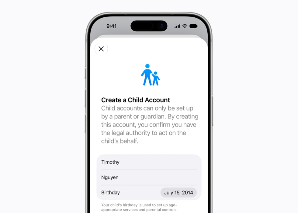 يعرض iPhone 17 Pro صفحة إعداد حساب لطفل.