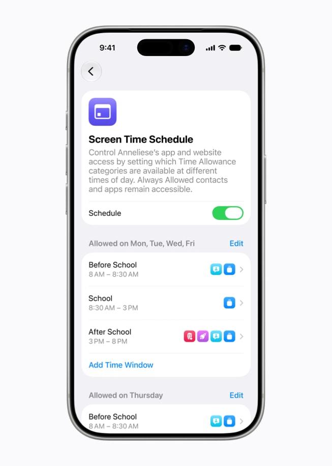 يعرض iPhone 17 Pro شاشة تطلب من المستخدم تحديد أوقات استخدام الطفل لمختلف فئات التطبيقات والمواقع الإلكترونية ومدة استخدامها.