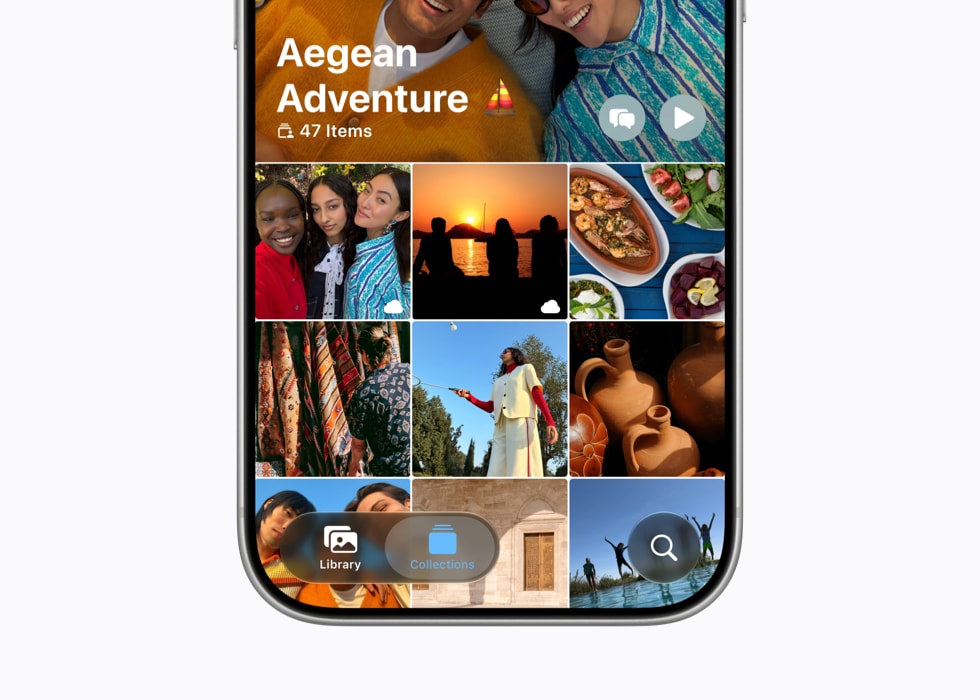 iPhone 17 Pro يعرض ألبوماً في تطبيق الصور يحمل اسم "Aegean Adventure".