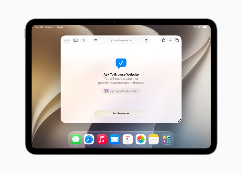 يعرض iPad رسالة طلب الموافقة على التصفح تقول: "تحتاج إلى إذن من أحد والديك أو ولي أمرك للتصفح" أعلى مواقع إلكتروني.