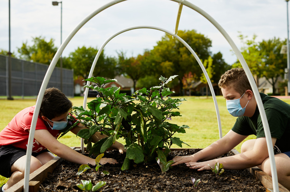 Annabeth Hook et Stayton Slaughter s’occupent des plantes dans le jardin communautaire de la Coppell Middle School East.