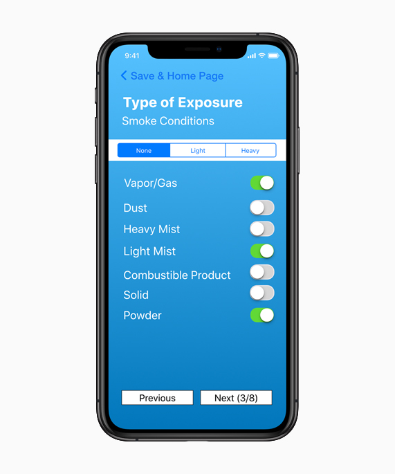 Une capture d’écran de l’app FireX montrant des types de fumées sur iPhone Xs.