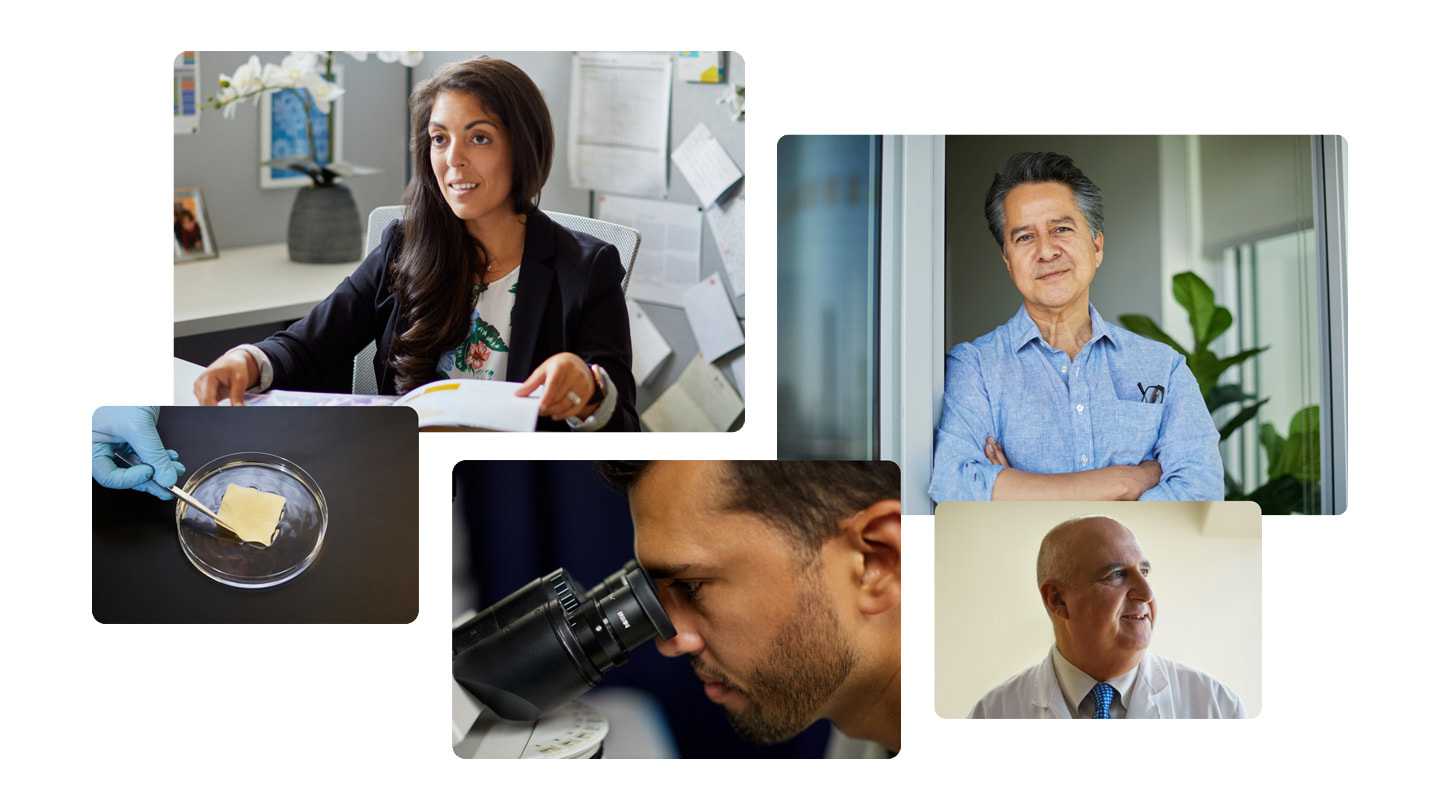 Collage med fem fotos af dem, der er involveret med den bioteknologiske opstartsvirksomhed SweetBio