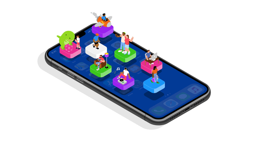 Illustration animée de diverses activités se déroulant sur plusieurs boutons d’un iPhone.