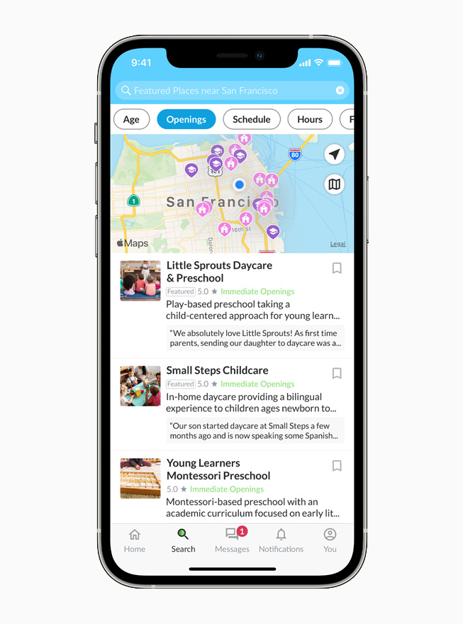 Carte indiquant les services de garde à San Francisco dans l’app Winnie sur iPhone. 