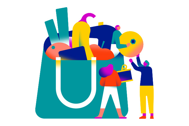 Trois personnages placent des aliments dans un sac, à l’image du service offert par les banques alimentaires.