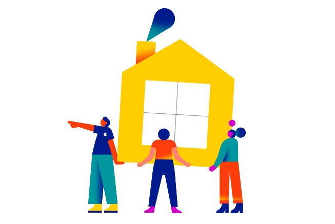 Trois personnages soulèvent une maison, illustrant le concept de l’aide au logement.