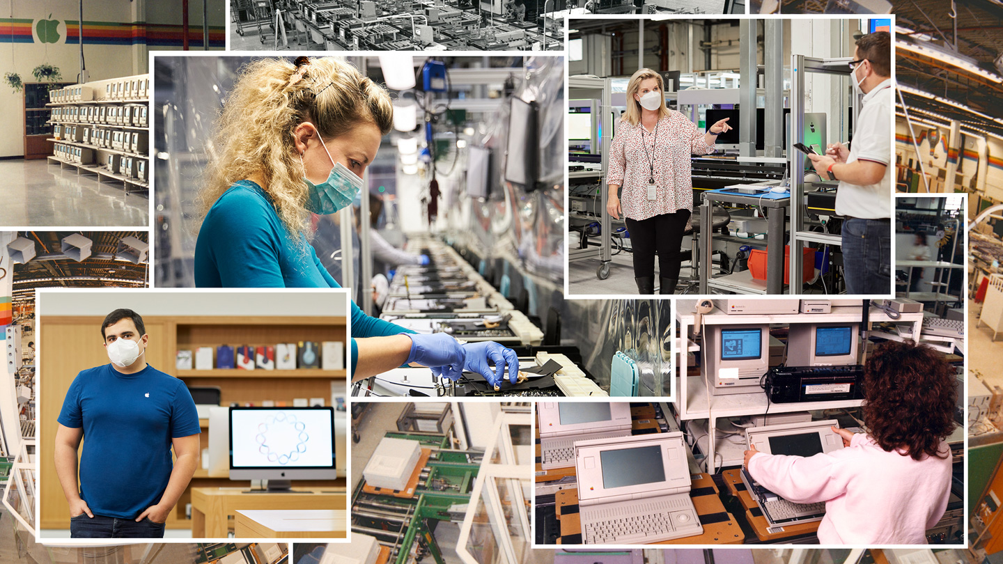 Collage représentant des employés d’Apple travaillant sur le campus de Cork, en Irlande, au cours des 40 dernières années. 
