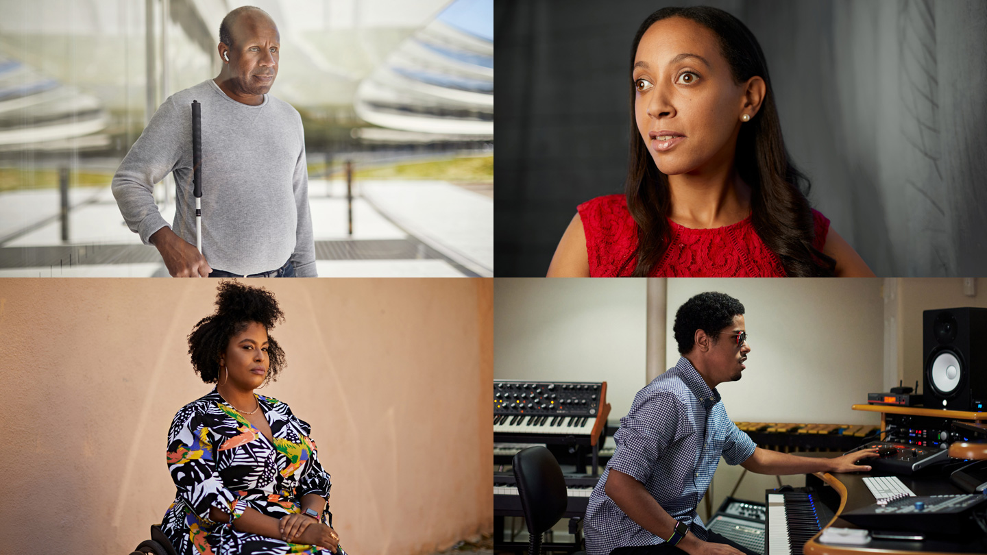 Quatre portraits représentant, dans le sens horaire à partir du haut à gauche, Dean Hudson, Haben Girma, Matthew Whitaker et Tatiana Lee.