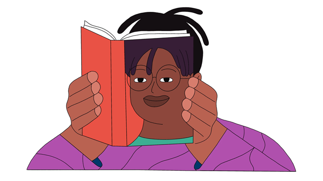 Animeret gif med en sort ung læser, der ser sig selv i en erindringsbog.
