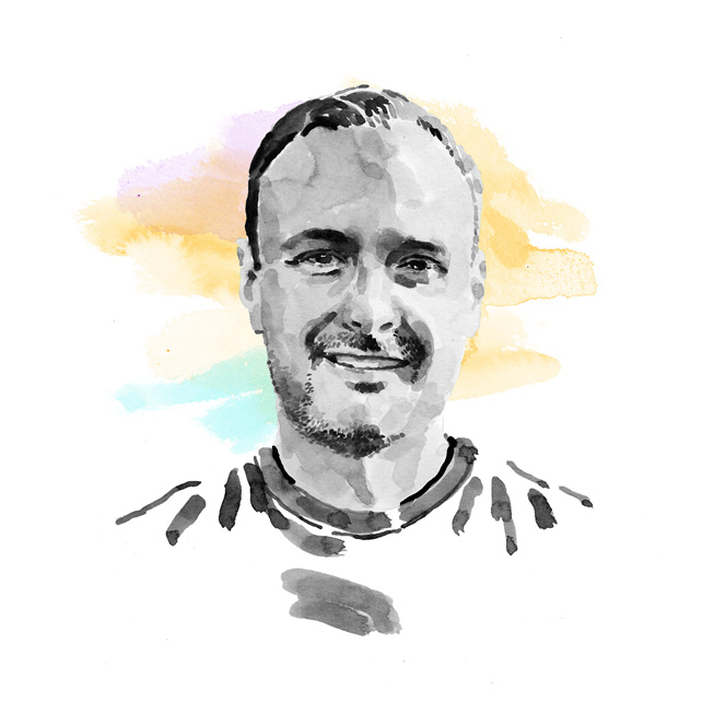 Portrait de Jason Beach à l’aquarelle.