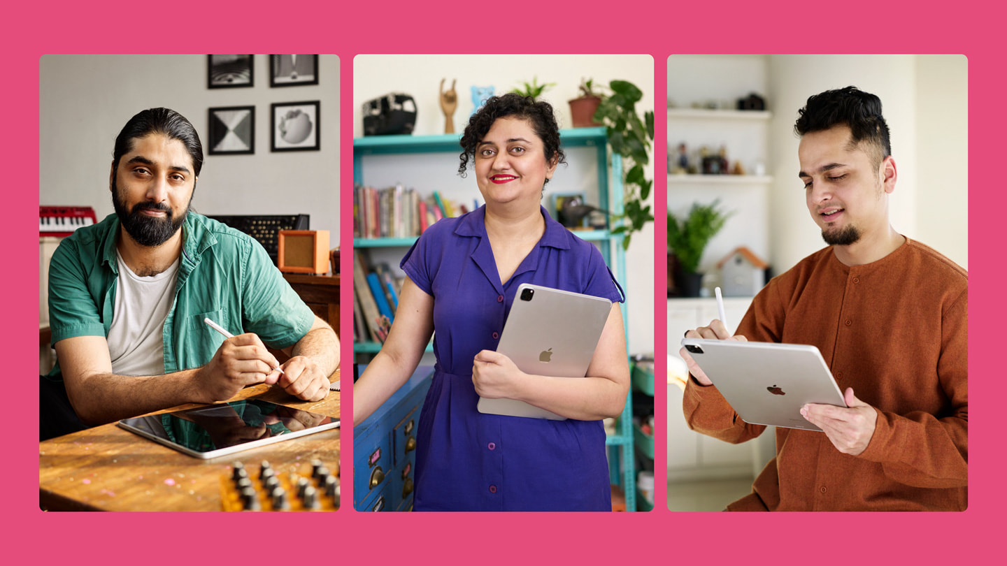 De gauche à droite : les artistes Varun Desai, Mira Felicia Malhotra et Gaurav Ogale.