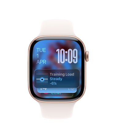 Apple Watch Series 11, rose gold colour, aluminium case, Smart Stack hint, light blush Sport Band