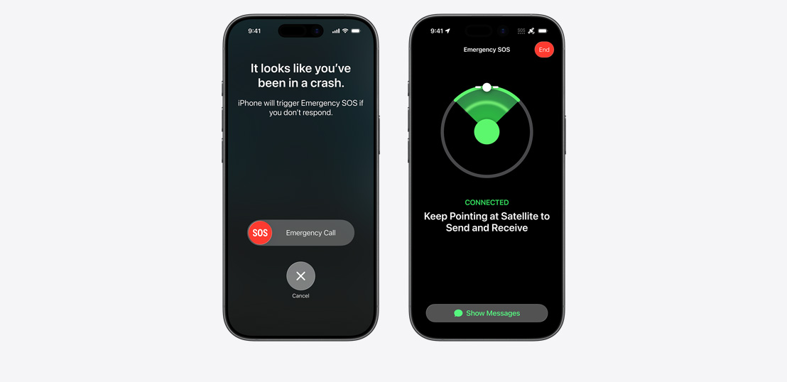 Side-by-side, iPhone screen showing Find My, iPhone screen showing Emergency SOS in use