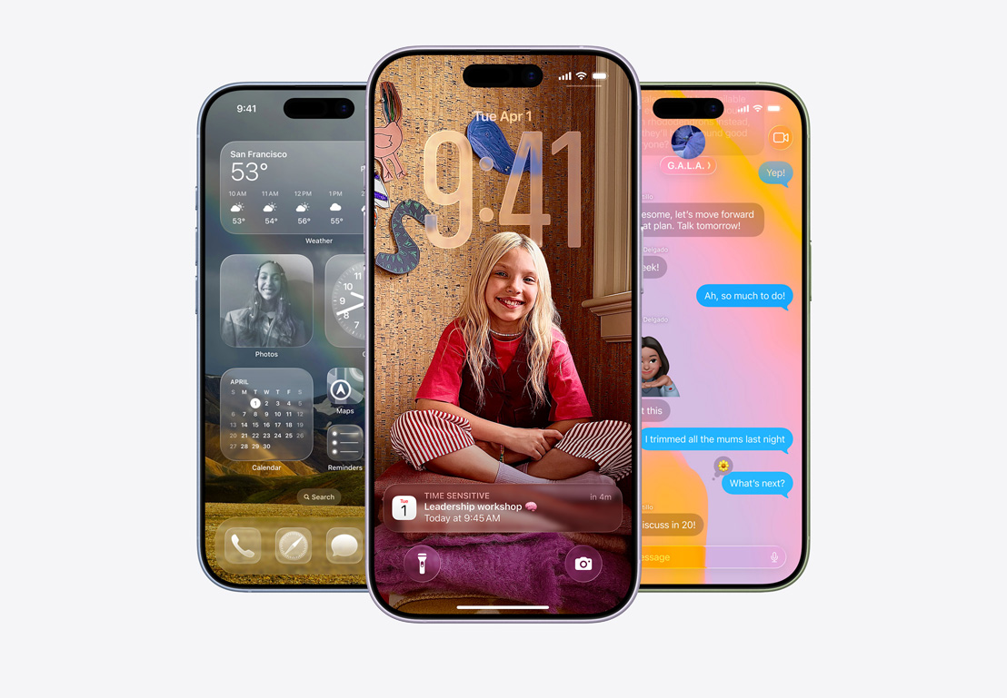 Ekran iPhone’a z oknem funkcji Klasyfikowanie połączeń, ekran iPhone’a z oknem apki Kalendarz na spersonalizowanym tle ze zdjęciem dziecka, ekran iPhone’a z apką Wiadomości w stylu Liquid Glass