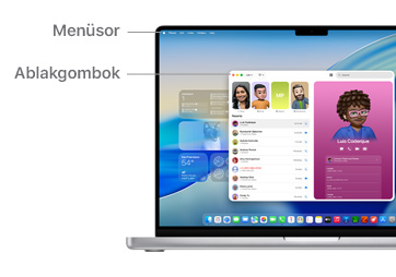Przegląd elementów nawigacyjnych w macOS na MacBooku Pro 14″ z liniami oznaczającymi położenie paska menu, przycisków okien i Docka.