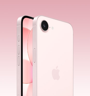 Fața și spatele iPhone 17e în roz pal; ecranul prezentat parțial, iar spatele integral, cu logo-ul Apple și o singură cameră. În lateral sunt vizibile butoanele Acțiune, de volum și lateral.