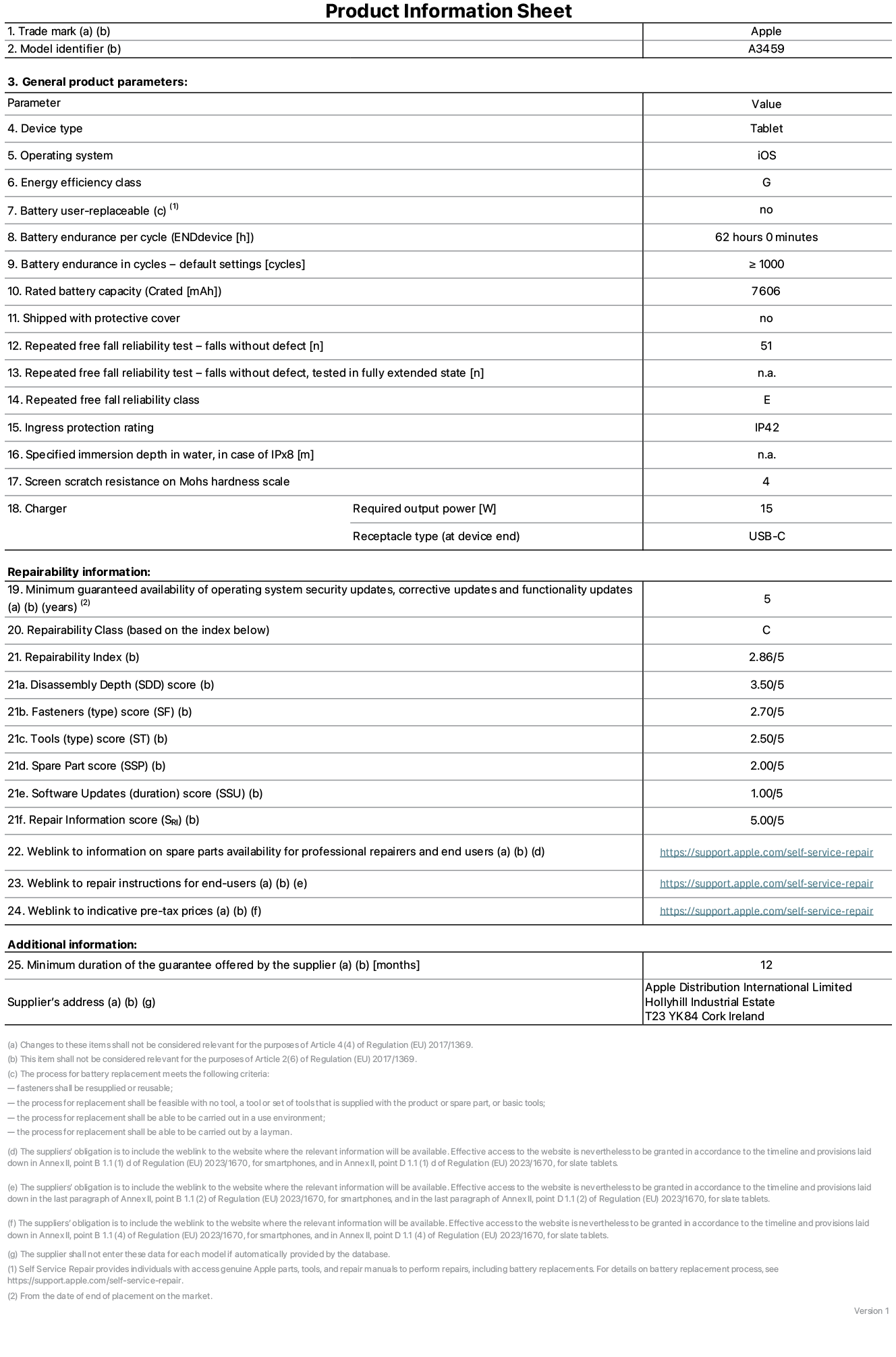 Product information sheet for 11-inch iPad Air Wi-Fi, model A3459. Supplied by Apple Distribution International Limited, Hollyhill Industrial Estate. Cork, Ireland, T23 YK84. Device type: tablet. Operating system: iOS. Energy efficiency class: G. Battery user-replaceable: no. Battery endurance per cycle: 62 hours. Battery endurance in cycles - default settings: greater than or equal to 1,000. Rated battery capacity: 7606 milliampere-hours. Shipped with protective cover: no. Repeated free fall reliability test - falls without defect: greater than or equal to 51. Repeated free fall reliability test - falls without defect tested in fully extended state: not applicable. Repeated free fall in reliability class: E. Ingress protection rating: IP42. Specified immersion depth in water, in case of iPx8: not applicable. Screen scratch resistance on Mohs hardness scale: 4. Charger required output power: 15 watts. Charger receptacle type (at device end): USB-C. Minimum guaranteed availability of operating system security updates, corrective updates and functionality updates: 5 years. Repairability class: C. Repairability index: 2.86/5. Disassembly Depth (SDD) score: 3.50/5. Fasteners score: 2.70/5. Tools score: 2.50/5. Spare part score: 2.00/5. Software updates score: 1.00/5. Repair information score: 5.00/5. Weblink to information on spare parts availability for professional repairers and end-users: https://support.jp01.aijiasu.xyz/self-service-repair. Weblink to repair instructions for end-users: https://support.jp01.aijiasu.xyz/self-service-repair. Weblink to indicative pre-tax prices: https://support.jp01.aijiasu.xyz/self-service-repair. 12 month general guarantee offered.