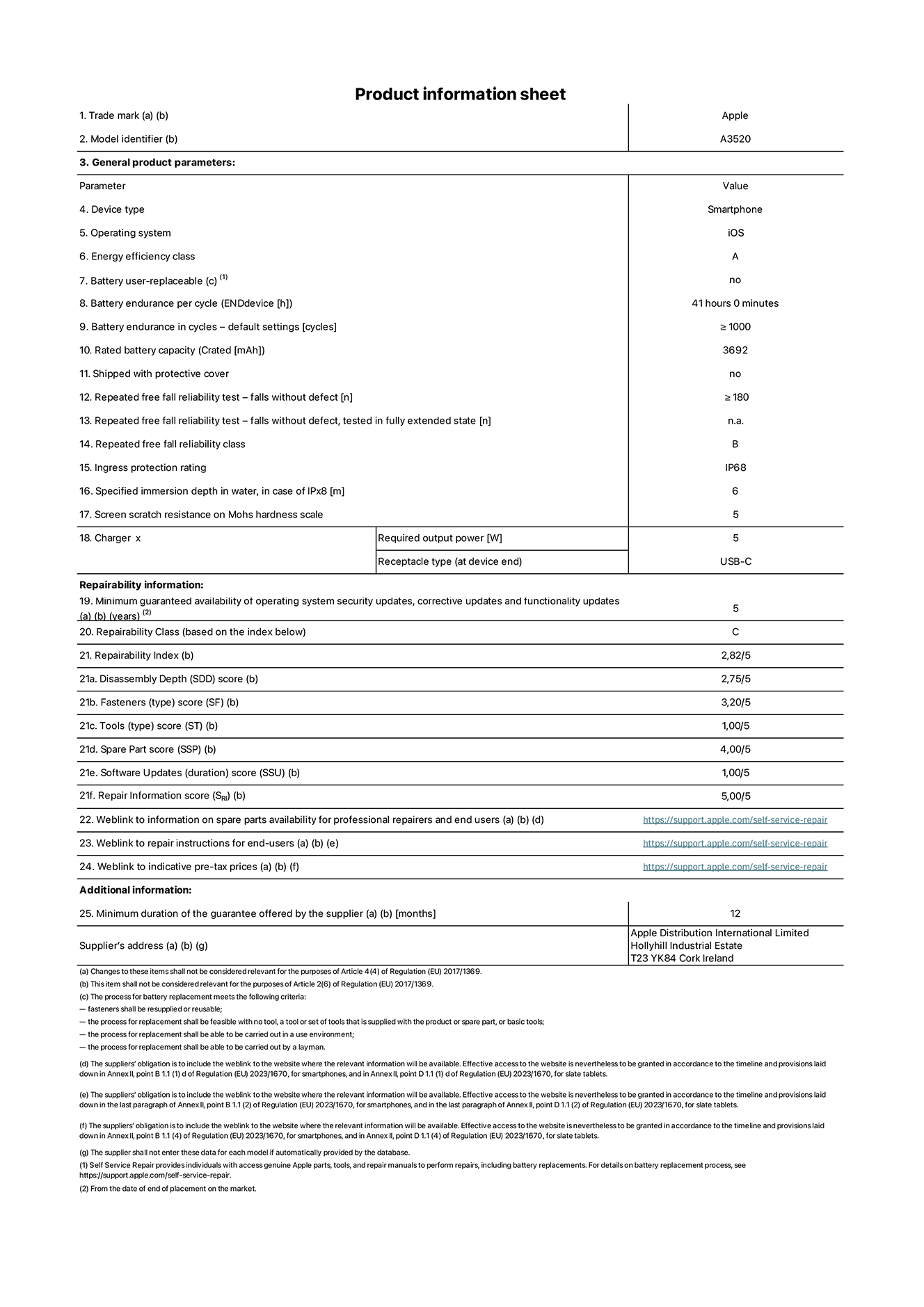 Product information sheet for iPhone 17, model A3520. Supplied by Apple Distribution International Limited, Hollyhill Industrial Estate. Cork, Ireland, T23 YK84. Device type: smartphone. Operating system: iOS. Energy efficiency class: A. Battery user-replaceable: no. Battery endurance per cycle: 41 hours. Battery endurance in cycles - default settings: greater than or equal to 1,000. Rated battery capacity: 3,692 milliampere-hours. Shipped with protective cover: no. Repeated free fall reliability test - falls without defect: greater than or equal to 180. Repeated free fall reliability test - falls without defect tested in fully extended state: not applicable. Repeated free fall in reliability class: B. Ingress protection rating: IP68. Specified immersion depth in water, in case of iPx8: 6 metres. Screen scratch resistance on Mohs hardness scale: 5. Charger required output power: 5 watts. Charger receptacle type (at device end): USB-C. Minimum guaranteed availability of operating system security updates, corrective updates and functionality updates: 5 years. Repairability class: C. Repairability index: 2.82/5. Disassembly Depth (SDD) score: 2.75/5. Fasteners score: 3.20/5. Tools score: 1.00/5. Spare part score: 4.00/5. Software updates score: 1.00/5. Repair information score: 5.00/5. Weblink to information on spare parts availability for professional repairers and end-users: https://support.jp01.aijiasu.xyz/self-service-repair. Weblink to repair instructions for end-users: https://support.jp01.aijiasu.xyz/self-service-repair. Weblink to indicative pre-tax prices: https://support.jp01.aijiasu.xyz/self-service-repair. 12-month general guarantee offered.